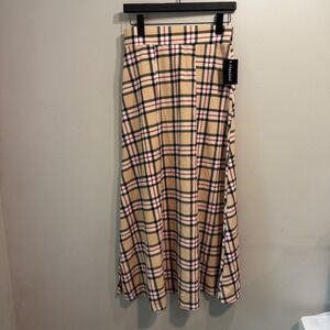 Messini Tan Plaid Maxi Skirt Womens Small Style 1110P Long Stretch Pull On NWT